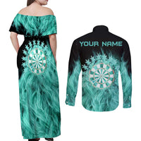 Darts Board Couples Matching Off Shoulder Maxi Dress and Long Sleeve Button Shirt with Flaming Green Smoke and Crest Emblem on Black Gradient Background - Wonder Print Shop
