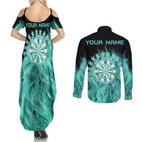 Darts Board Couples Matching Summer Maxi Dress and Long Sleeve Button Shirt with Flaming Green Smoke and Crest Emblem on Black Gradient Background - Wonder Print Shop