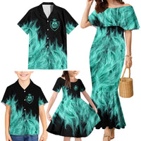 Darts Board Family Matching Mermaid Dress and Hawaiian Shirt with Flaming Green Smoke and Crest Emblem on Black Gradient Background - Wonder Print Shop