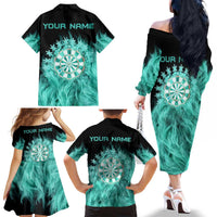Darts Board Family Matching Off The Shoulder Long Sleeve Dress and Hawaiian Shirt with Flaming Green Smoke and Crest Emblem on Black Gradient Background - Wonder Print Shop