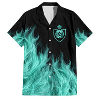 Darts Board Family Matching Off The Shoulder Long Sleeve Dress and Hawaiian Shirt with Flaming Green Smoke and Crest Emblem on Black Gradient Background - Wonder Print Shop