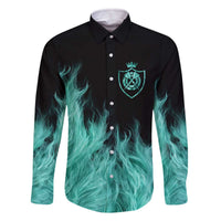 Darts Board Family Matching Off The Shoulder Long Sleeve Dress and Hawaiian Shirt with Flaming Green Smoke and Crest Emblem on Black Gradient Background - Wonder Print Shop