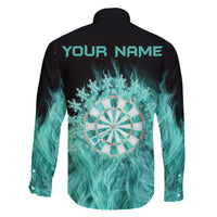 Darts Board Family Matching Off The Shoulder Long Sleeve Dress and Hawaiian Shirt with Flaming Green Smoke and Crest Emblem on Black Gradient Background - Wonder Print Shop