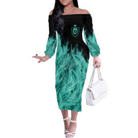 Darts Board Family Matching Off The Shoulder Long Sleeve Dress and Hawaiian Shirt with Flaming Green Smoke and Crest Emblem on Black Gradient Background - Wonder Print Shop