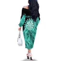 Darts Board Family Matching Off The Shoulder Long Sleeve Dress and Hawaiian Shirt with Flaming Green Smoke and Crest Emblem on Black Gradient Background - Wonder Print Shop