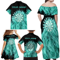 Darts Board Family Matching Off Shoulder Maxi Dress and Hawaiian Shirt with Flaming Green Smoke and Crest Emblem on Black Gradient Background - Wonder Print Shop