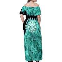 Darts Board Family Matching Off Shoulder Maxi Dress and Hawaiian Shirt with Flaming Green Smoke and Crest Emblem on Black Gradient Background - Wonder Print Shop