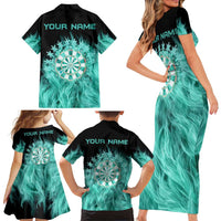 Darts Board Family Matching Short Sleeve Bodycon Dress and Hawaiian Shirt with Flaming Green Smoke and Crest Emblem on Black Gradient Background - Wonder Print Shop