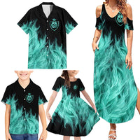 Darts Board Family Matching Summer Maxi Dress and Hawaiian Shirt with Flaming Green Smoke and Crest Emblem on Black Gradient Background - Wonder Print Shop
