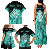 Darts Board Family Matching Tank Maxi Dress and Hawaiian Shirt with Flaming Green Smoke and Crest Emblem on Black Gradient Background - Wonder Print Shop