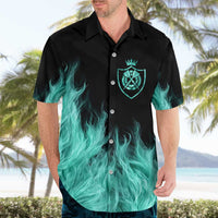 Darts Board Hawaiian Shirt with Flaming Green Smoke and Crest Emblem on Black Gradient Background - Wonder Print Shop