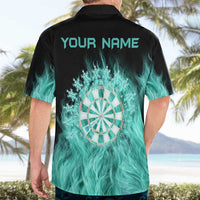 Darts Board Hawaiian Shirt with Flaming Green Smoke and Crest Emblem on Black Gradient Background - Wonder Print Shop