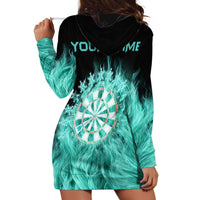 Darts Board Hoodie Dress with Flaming Green Smoke and Crest Emblem on Black Gradient Background - Wonder Print Shop