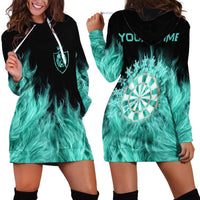 Darts Board Hoodie Dress with Flaming Green Smoke and Crest Emblem on Black Gradient Background - Wonder Print Shop
