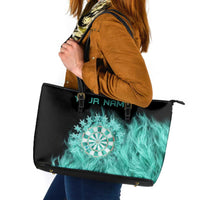 Darts Board Leather Tote Bag with Flaming Green Smoke and Crest Emblem on Black Gradient Background - Wonder Print Shop