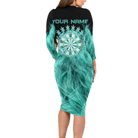 Darts Board Long Sleeve Bodycon Dress with Flaming Green Smoke and Crest Emblem on Black Gradient Background - Wonder Print Shop