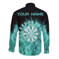 Darts Board Long Sleeve Button Shirt with Flaming Green Smoke and Crest Emblem on Black Gradient Background - Wonder Print Shop