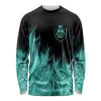 Darts Board Long Sleeve Shirt with Flaming Green Smoke and Crest Emblem on Black Gradient Background - Wonder Print Shop