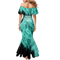 Darts Board Mermaid Dress with Flaming Green Smoke and Crest Emblem on Black Gradient Background - Wonder Print Shop