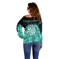 Darts Board Off Shoulder Sweater with Flaming Green Smoke and Crest Emblem on Black Gradient Background - Wonder Print Shop