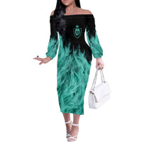 Darts Board Off The Shoulder Long Sleeve Dress with Flaming Green Smoke and Crest Emblem on Black Gradient Background - Wonder Print Shop