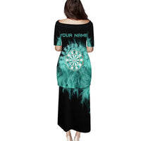 Darts Board Puletasi with Flaming Green Smoke and Crest Emblem on Black Gradient Background - Wonder Print Shop