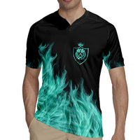 Darts Board Rugby Jersey with Flaming Green Smoke and Crest Emblem on Black Gradient Background - Wonder Print Shop