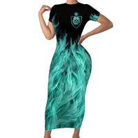 Darts Board Short Sleeve Bodycon Dress with Flaming Green Smoke and Crest Emblem on Black Gradient Background - Wonder Print Shop