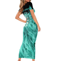 Darts Board Short Sleeve Bodycon Dress with Flaming Green Smoke and Crest Emblem on Black Gradient Background - Wonder Print Shop