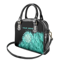 Darts Board Shoulder Handbag with Flaming Green Smoke and Crest Emblem on Black Gradient Background - Wonder Print Shop