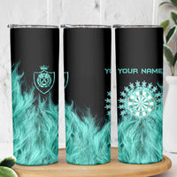Darts Board Skinny Tumbler with Flaming Green Smoke and Crest Emblem on Black Gradient Background - Wonder Print Shop
