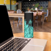 Darts Board Skinny Tumbler with Flaming Green Smoke and Crest Emblem on Black Gradient Background - Wonder Print Shop