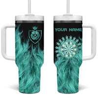 Darts Board Tumbler With Handle with Flaming Green Smoke and Crest Emblem on Black Gradient Background - Wonder Print Shop
