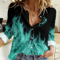 Darts Board Women Casual Shirt with Flaming Green Smoke and Crest Emblem on Black Gradient Background - Wonder Print Shop