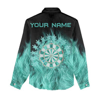 Darts Board Women Casual Shirt with Flaming Green Smoke and Crest Emblem on Black Gradient Background - Wonder Print Shop