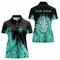 Darts Board Women Polo Shirt with Flaming Green Smoke and Crest Emblem on Black Gradient Background - Wonder Print Shop