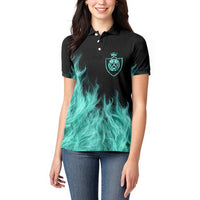 Darts Board Women Polo Shirt with Flaming Green Smoke and Crest Emblem on Black Gradient Background - Wonder Print Shop