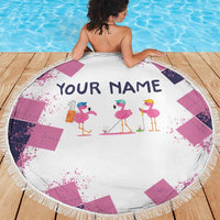 Golf Flamingo Friends Beach Blanket Pink Argyle Pattern and Custom Name Text on White and Rose Color Block - Wonder Print Shop