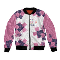 Golf Flamingo Friends Bomber Jacket Pink Argyle Pattern and Custom Name Text on White and Rose Color Block - Wonder Print Shop