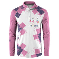 Golf Flamingo Friends Button Sweatshirt Pink Argyle Pattern and Custom Name Text on White and Rose Color Block - Wonder Print Shop