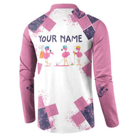 Golf Flamingo Friends Button Sweatshirt Pink Argyle Pattern and Custom Name Text on White and Rose Color Block - Wonder Print Shop