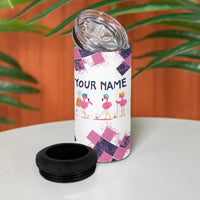 Golf Flamingo Friends 4 in 1 Can Cooler Tumbler Pink Argyle Pattern and Custom Name Text on White and Rose Color Block - Wonder Print Shop