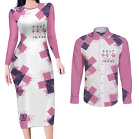 Golf Flamingo Friends Couples Matching Long Sleeve Bodycon Dress and Long Sleeve Button Shirt Pink Argyle Pattern and Custom Name Text on White and Rose Color Block - Wonder Print Shop