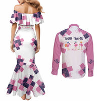 Golf Flamingo Friends Couples Matching Mermaid Dress and Long Sleeve Button Shirt Pink Argyle Pattern and Custom Name Text on White and Rose Color Block - Wonder Print Shop