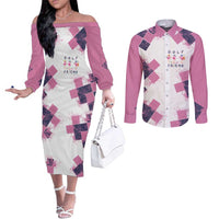 Golf Flamingo Friends Couples Matching Off The Shoulder Long Sleeve Dress and Long Sleeve Button Shirt Pink Argyle Pattern and Custom Name Text on White and Rose Color Block - Wonder Print Shop