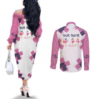 Golf Flamingo Friends Couples Matching Off The Shoulder Long Sleeve Dress and Long Sleeve Button Shirt Pink Argyle Pattern and Custom Name Text on White and Rose Color Block - Wonder Print Shop