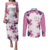 Golf Flamingo Friends Couples Matching Puletasi and Long Sleeve Button Shirt Pink Argyle Pattern and Custom Name Text on White and Rose Color Block - Wonder Print Shop