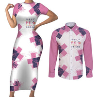 Golf Flamingo Friends Couples Matching Short Sleeve Bodycon Dress and Long Sleeve Button Shirt Pink Argyle Pattern and Custom Name Text on White and Rose Color Block - Wonder Print Shop