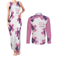 Golf Flamingo Friends Couples Matching Tank Maxi Dress and Long Sleeve Button Shirt Pink Argyle Pattern and Custom Name Text on White and Rose Color Block - Wonder Print Shop