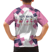 Golf Flamingo Friends Family Matching Off Shoulder Maxi Dress and Hawaiian Shirt Pink Argyle Pattern and Custom Name Text on White and Rose Color Block - Wonder Print Shop